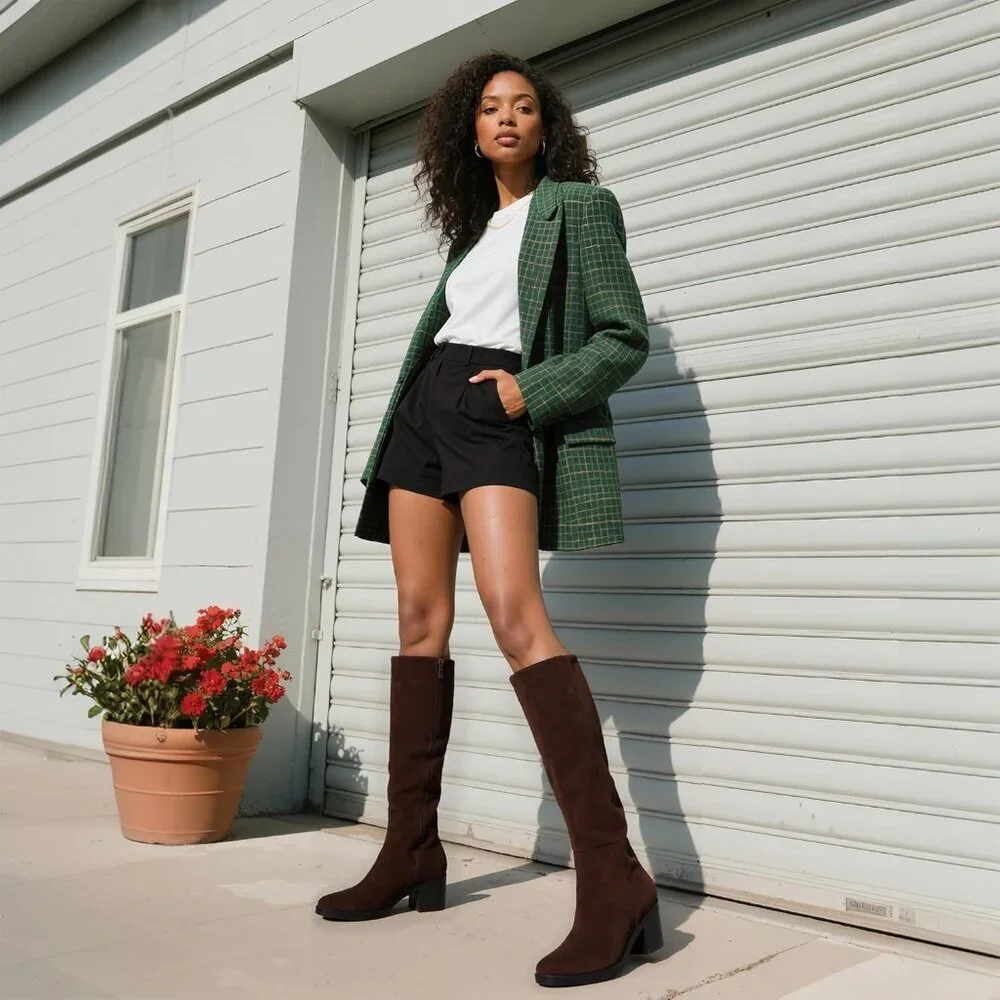 Women's Chocolate Suede Chunky Heel Round Zipper Winter Dress Knee High Boots